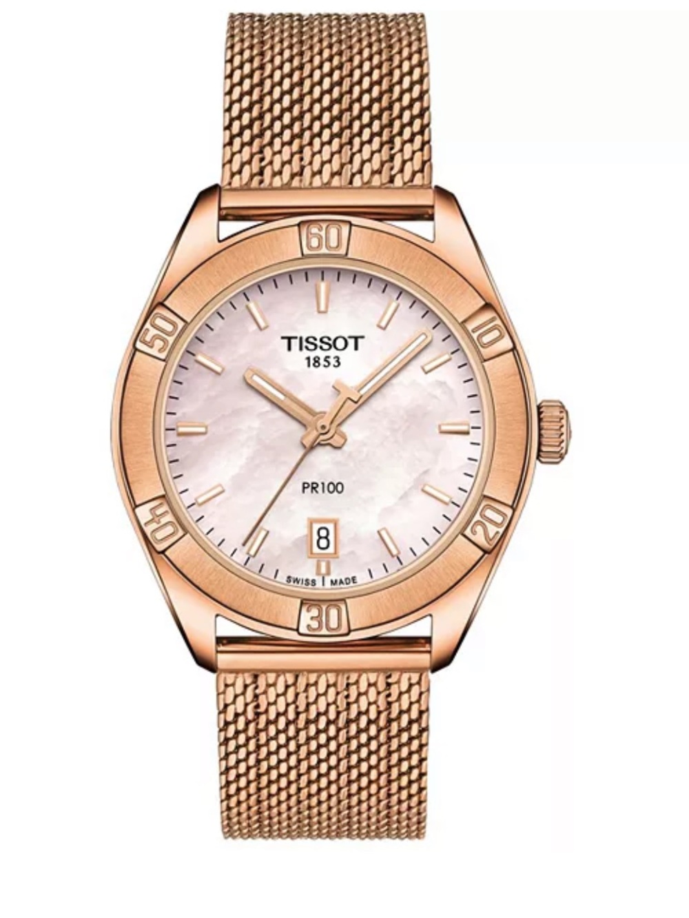 Tissot PR100 sport chic Rose Gold Mesh Watch with Pink Mother-of-Pearl Dial